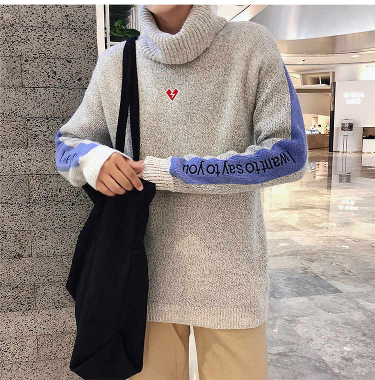 Mùa thu cổng thêu màu sắc phù hợp với áo len nam Phiên bản Hàn Quốc của áo len rộng kích thước lớn Kiểu dáng áo len nam cao áo đẹp