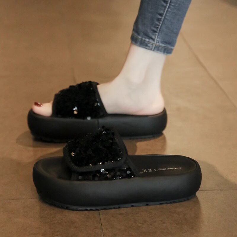 High-End Slip-On Sandals for Women, Summer Outerwear, 2026 New Style, Sequined Thick-Soled Lazy Shoes for Pregnant Women, Casual Beach Shoes