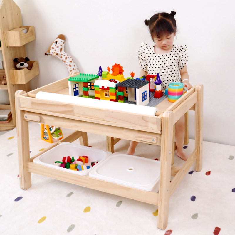 Building Block Table, Children's Wooden Baby Play Table, Multi-Functional Early Education Table, Craft Table, Children's Study Table and Chair, Adjustable Height