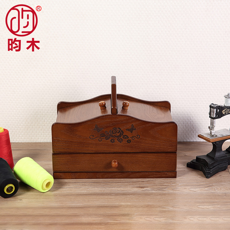 Needle box Household high - grade multi - function retro - collection box Korean needle - tightening box Married dowry wood