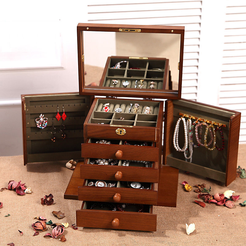 Jewelry box Princess European style Korean wooden retro large capacity earrings box Jewelry jewelry storage box with lock