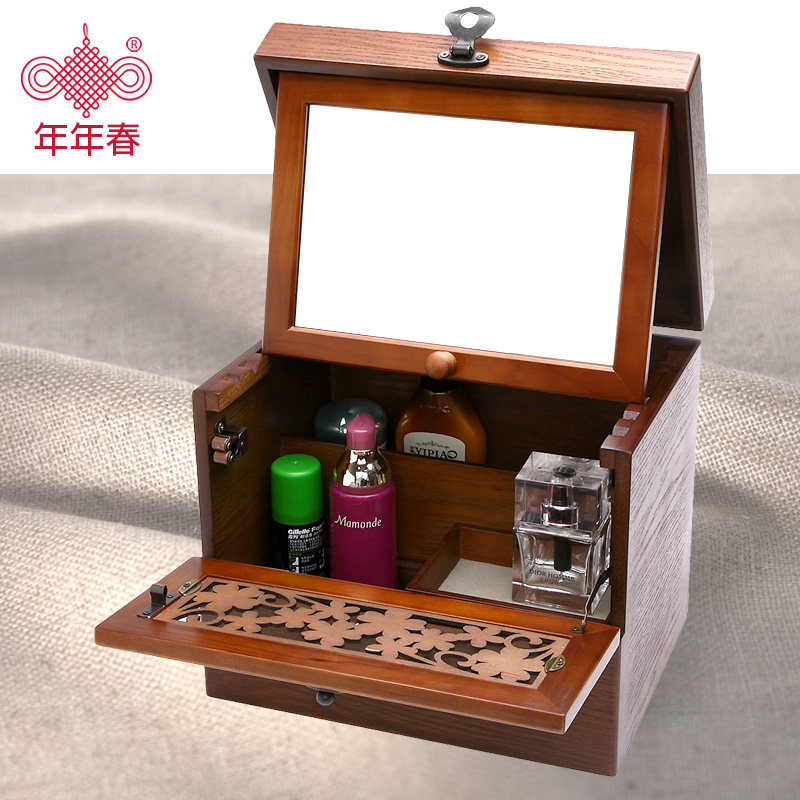 Cosmetics storage box Wooden with mirror large covered cosmetics storage shelf Wooden desktop makeup box