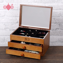 Wooden jewelry box Princess European-style Korean multi-layer earring box with mirror Simple hand jewelry storage box large capacity
