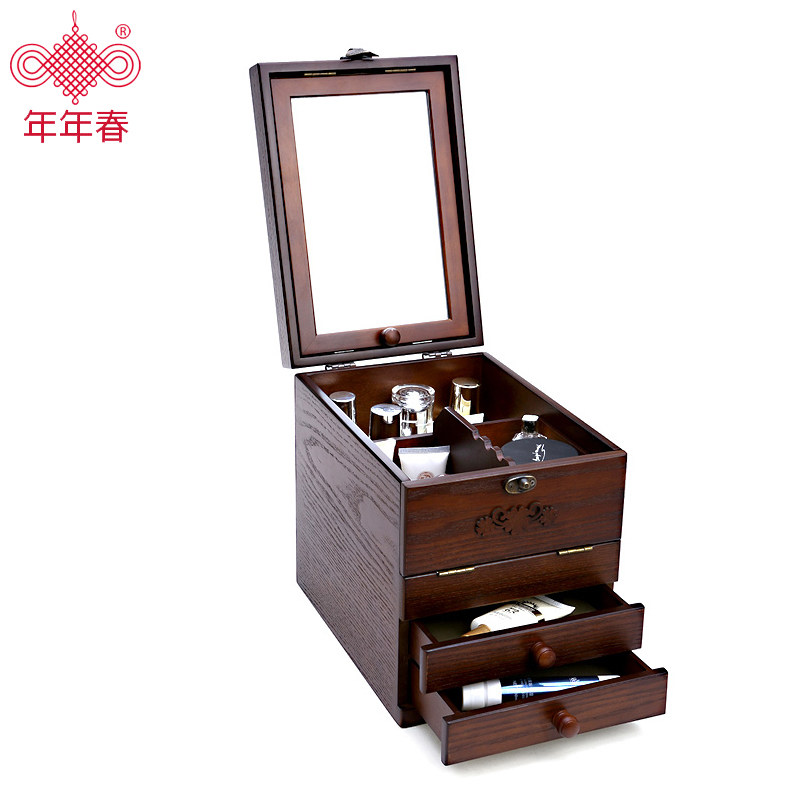 Wooden cosmetics storage box Dressing box Skin care finishing with mirror drawer large princess European wooden