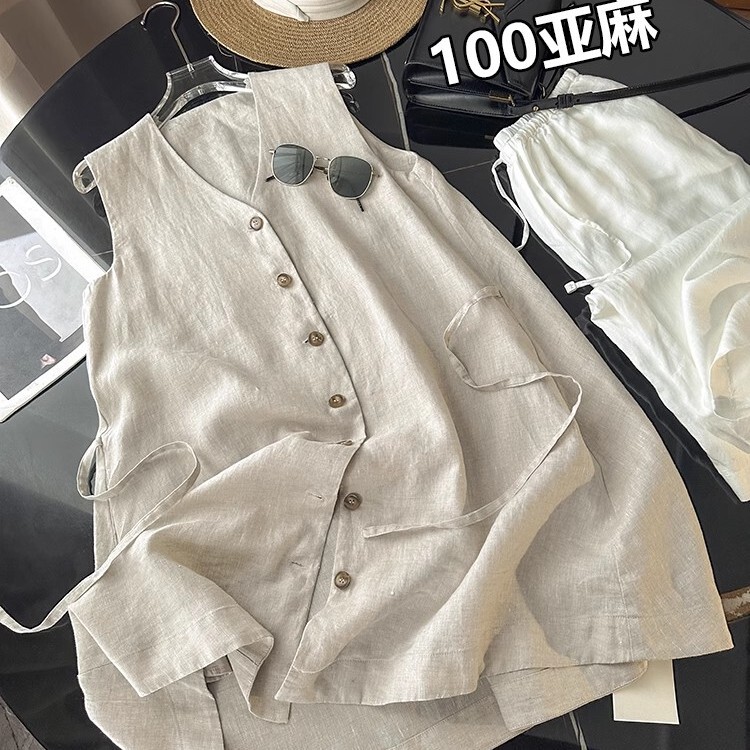 Nordic Niche! 100% Linen! Versatile and Elegant V-Neck Single-Breasted Sleeveless Tie-Up Linen Shirt Dress for Women
