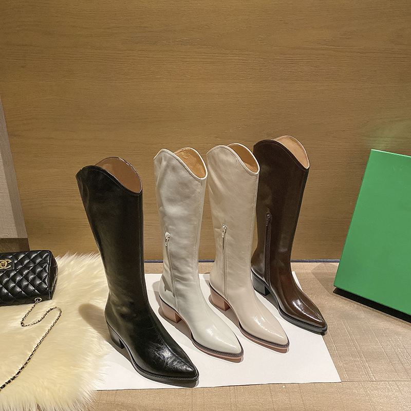 Full leather V mouth net red with the same leather spring and autumn pointed toe western cowboy boots high boots women's thick heel riding boots