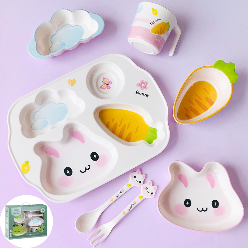 Children's Divided Plate for Boys and Girls, Cartoon Melamine Food-Grade Special Eating Bowl and Spoon, Baby Tableware Set Gift Box
