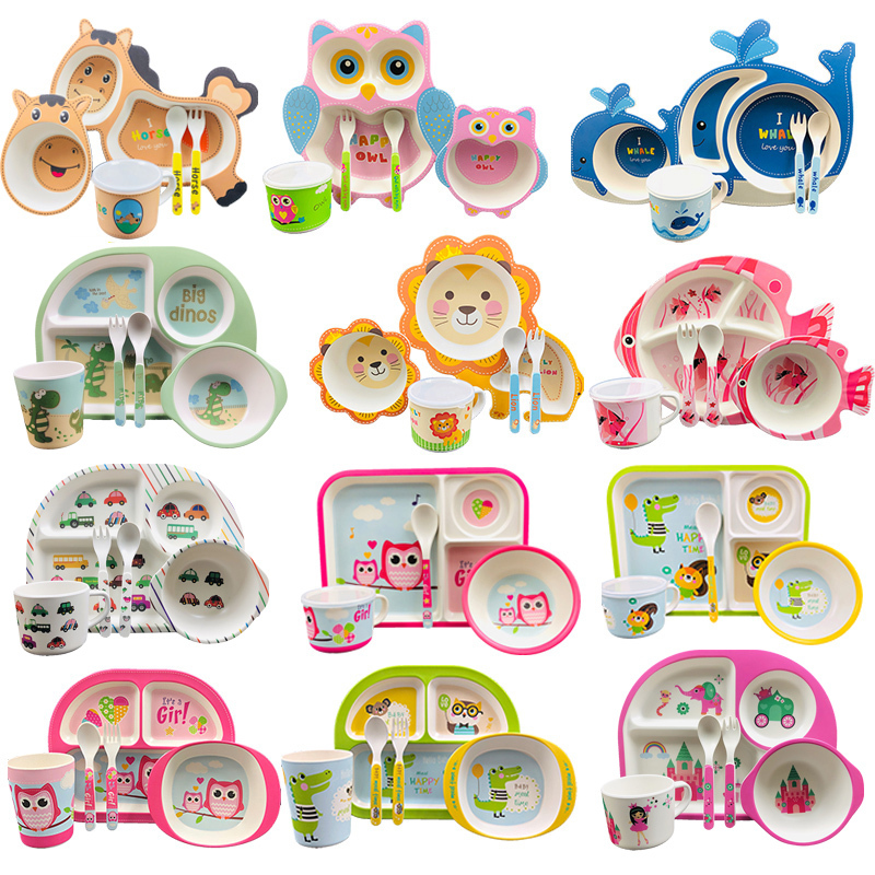 Children's Dinner Plate with Compartments, Cartoon Cute Baby Household Eating Bowl, Spoon, Bamboo Fiber Baby Tableware Set