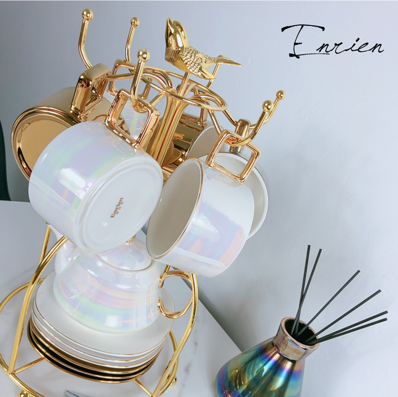 Creative English gold plated bird coffee cup holder One pot six cups and saucers storage shelf Household hanger Upside down drain cup holder