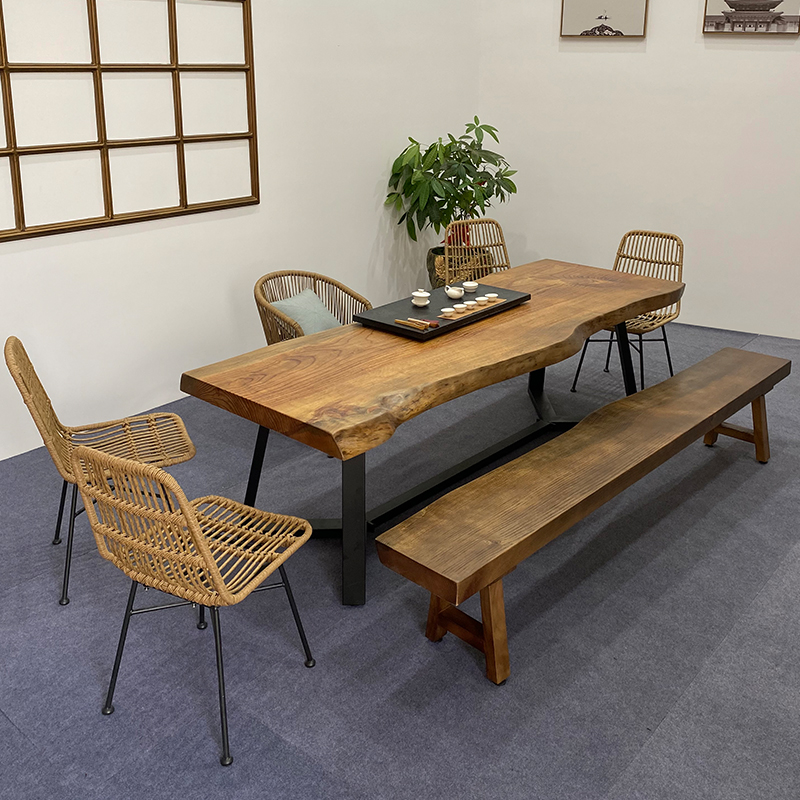 Retro solid wood large board tea table drinking tea table tea making table large board table and chairs pine log long table homestay whole wood table