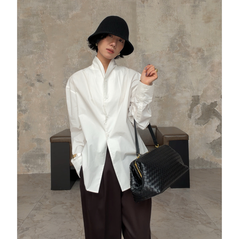 Shanjie [Chinese Minimalism] V-Neck White Shirt 100% Combed Cotton Niche Design Long-Sleeve Top Thin Jacket for Autumn