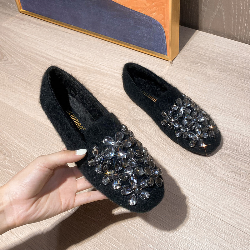 A8-1 Women's Furry Shoes 2025 New Autumn and Winter Versatile Flat Loafers with Added Fleece