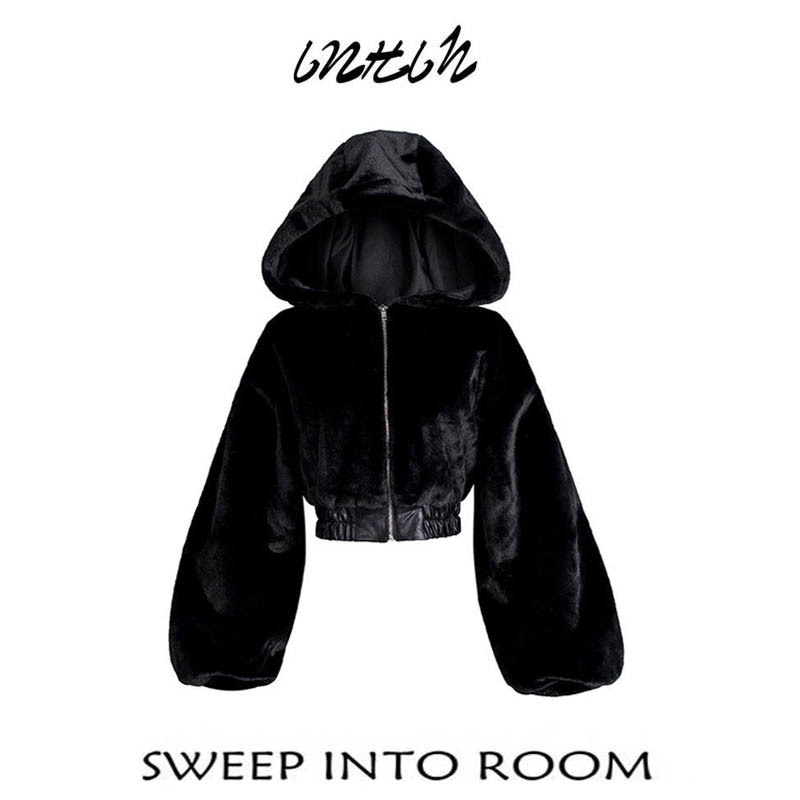 2025 Spring and Autumn New Cute Furry Waist-Cinching High-End Warm Short Thickened Hooded Furry Jacket for Women