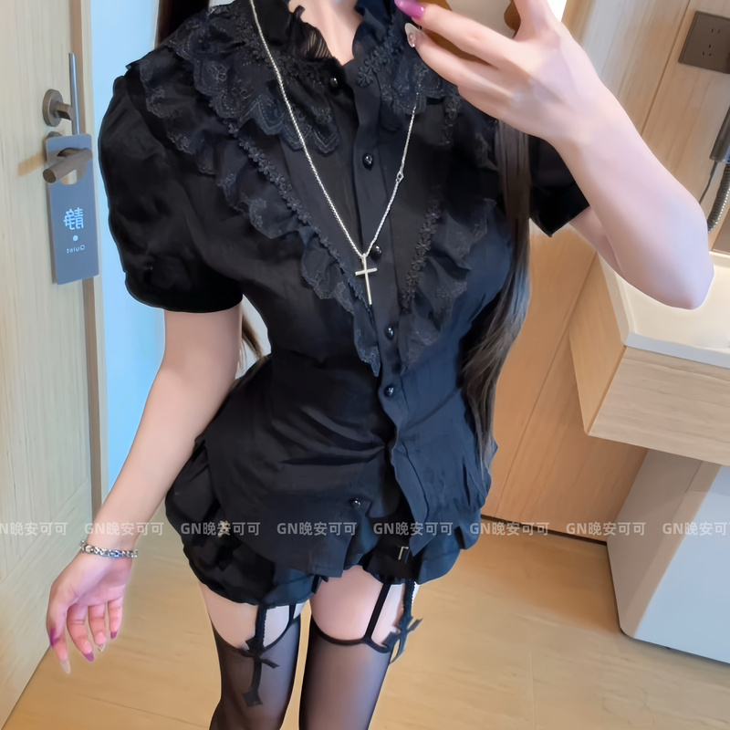 Dark Lolita Gothic Style Black Short-Sleeved Shirt Lace Top Subculture Sexy Halloween Cosplay Costume