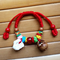 Baby baby children ward off evil spirits to scare peach core hand string pig bone peach wood basket Anti-scare cinnabar multicolored red rope bracelet