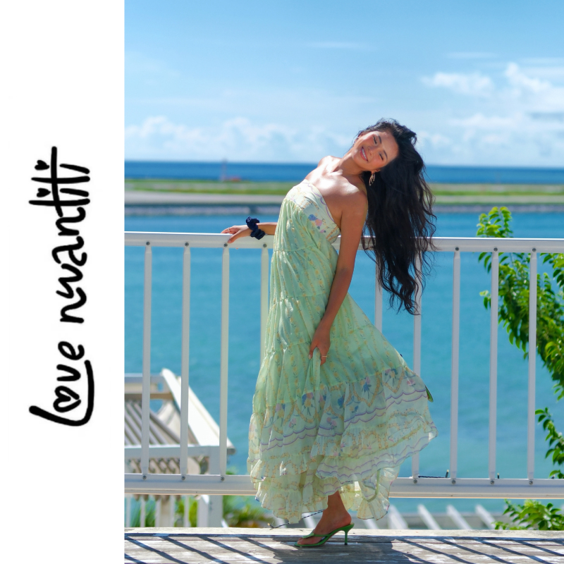 Yynoyy | Super Super Heavy Industry!! Green Floral Cloud-Like Gauze Fabric Tube Top Long Dress