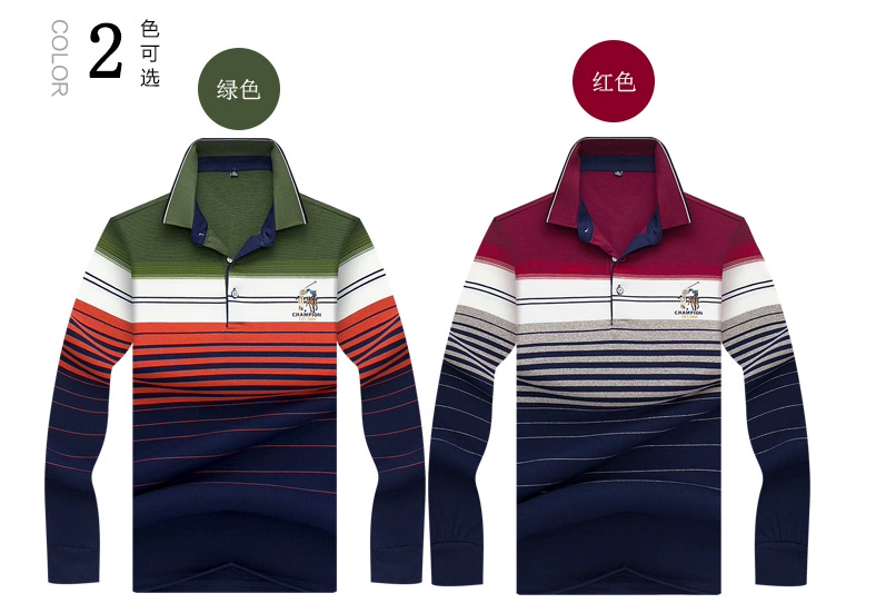 Mùa thu nam tay dài áo thun sọc trung niên sọc Paul lỏng cotton xu hướng rộng lớn áo polo giản dị