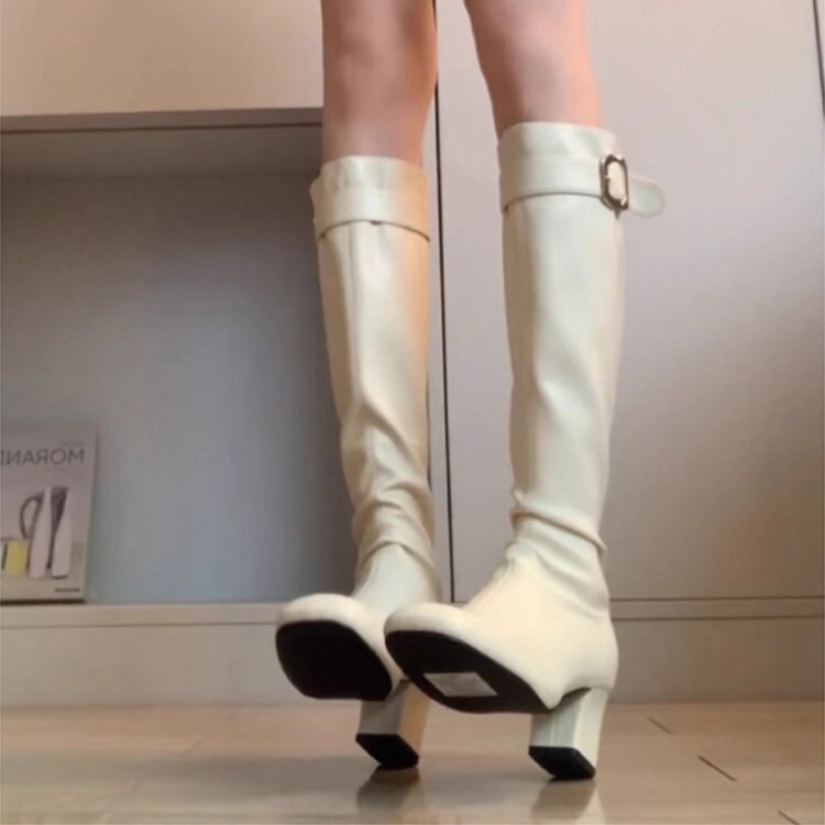 White High-Heeled Long Boots for Women, 2026 Autumn New Style, Round Toe, Below-The-Knee, Slim Boots, Fashionable and Versatile Long Riding Boots