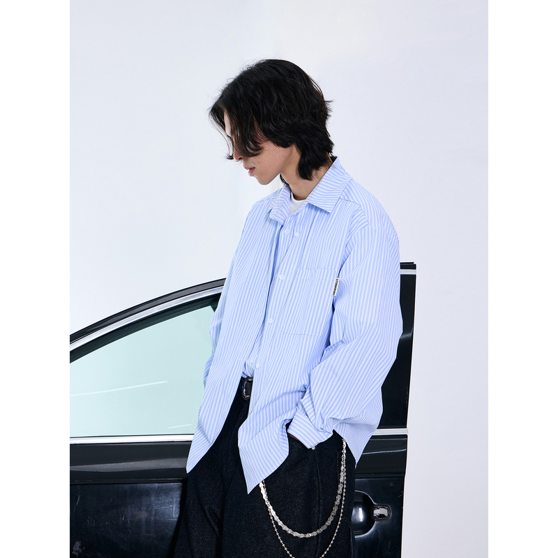 Rogic Logic Sky Blue Double-Layer Loose-Leaf Structure Long-Sleeved Shirts for Men and Women Stripesd Shirts