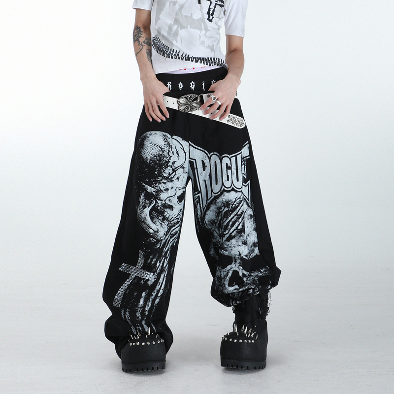 Rogic Skull Print Sweatpants Unisex Dark Street Style Loose Wide-Leg Pants Cool Casual Black Trousers