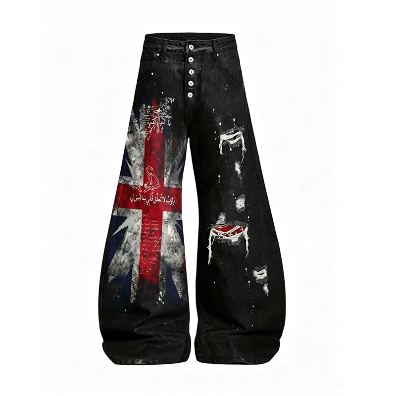 Rogic # Handmade Splatter # Scimitar Jeans with Union Jack Print, Spring/Summer Men's Union Jack Flag Print, Ripped High Street Wide-Leg Pants Rogic # Handmade Splatter # Scimitar Jeans with Union Jack Print, Spring/Summer Men's Union Jack Flag Print, Ripped High Street Wide-Leg Pants