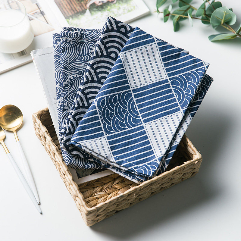Japanese classic wave pattern table mat Western table mat cotton and linen napkin decoration cloth outdoor table mat food shooting props