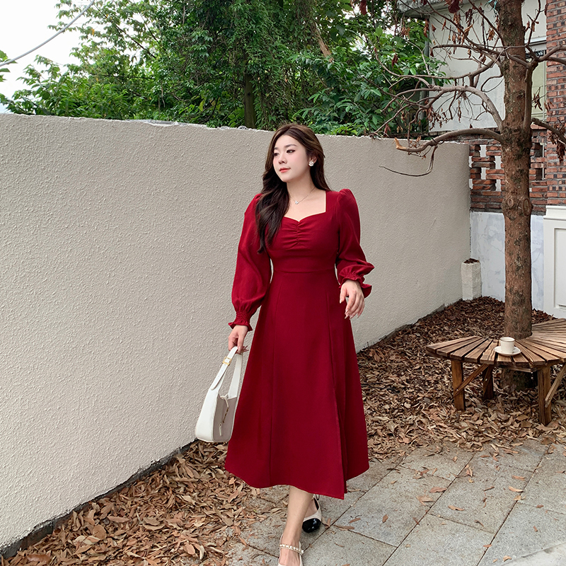 Five-Flower Pattern Is Not a Type of Meat, Plus-Size French Retro Style Dress for Chubby Girls, Red High-End Slim-Fit Formal Dress Five-Flower Pattern Is Not a Type of Meat, Plus-Size French Retro Style Dress for Chubby Girls, Red High-End Slim-Fit Formal Dress