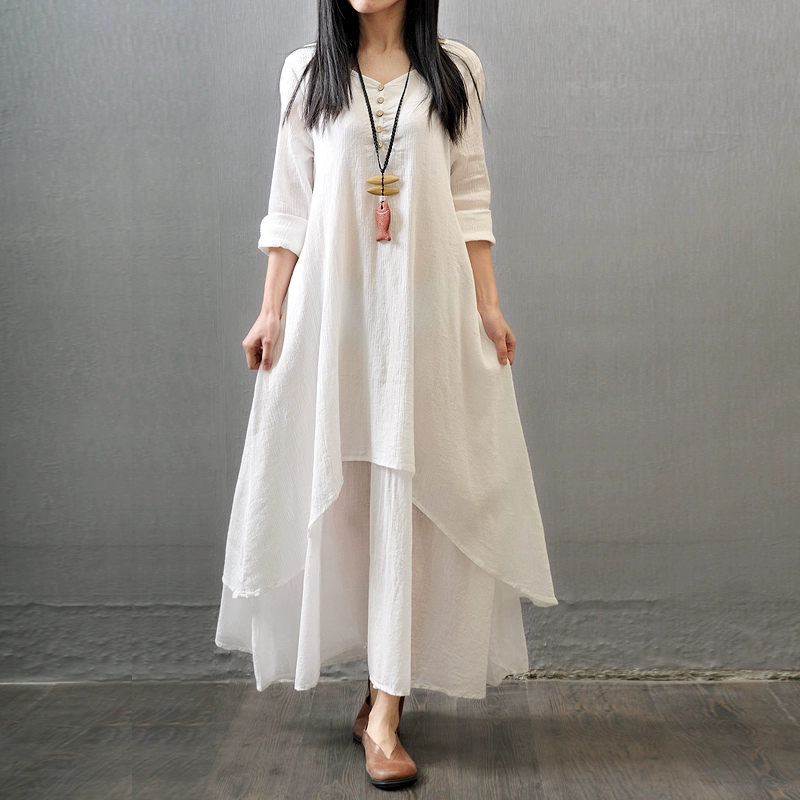 Thiết kế ban đầu Tencel cotton and linen dress của phụ nữ Nghệ thuật trà Zen của phụ nữ màu tinh khiết đơn giản lỏng lẻo Zen váy khiêu vũ dài váy - Váy dài