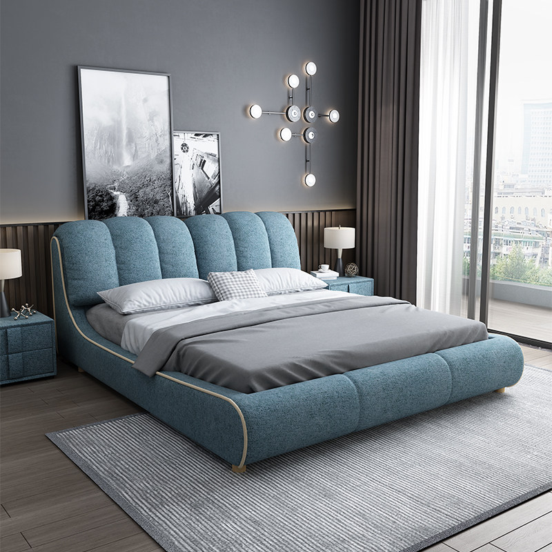 Fabric bed modern minimalist master bedroom big bed 15 meters double bed removable and washable blue bed rental room bed economy