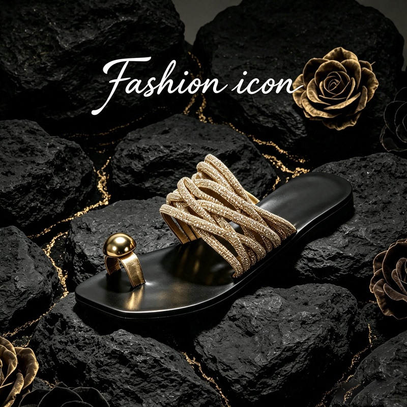 Fashion Icon "Golden Light Shadow" Women's Summer Slippers, French-Style Stunning Rhinestone Braided Toe-Wrap Sandals