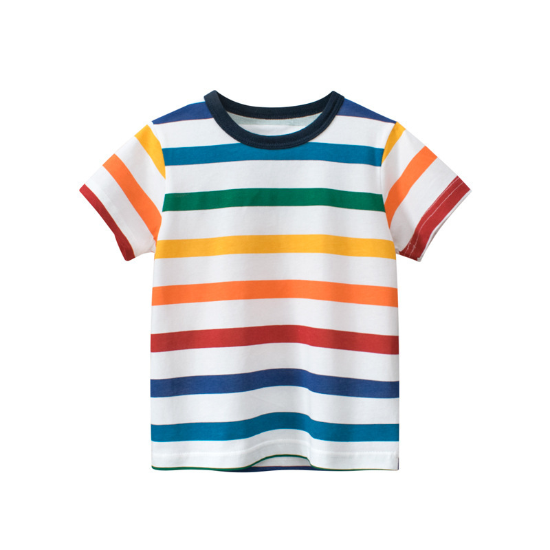 27Kids Brand Pure Cotton Children's Clothing Summer Boys' Short-Sleeved T-Shirt Base Layer Rainbow Striped Thin Style