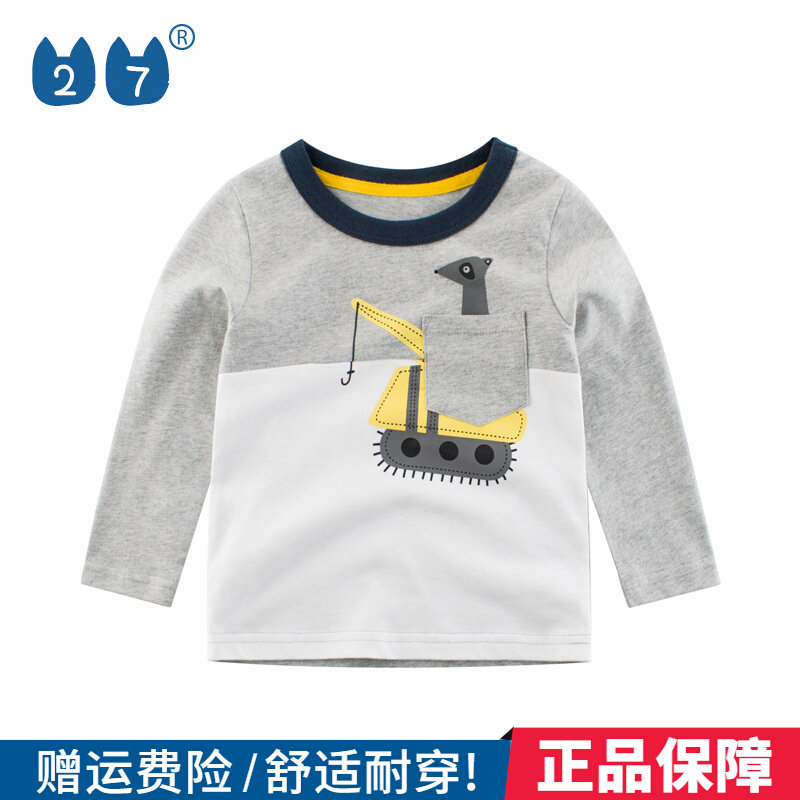 27kids Boys Brand Children's Clothing 2023 Spring Sleeve T-shirt Excavator Children Spring and Autumn Han Edition Pure Cotton Tide Brand