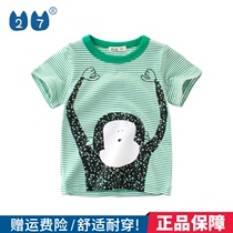 27kids boys cotton thin 2021 summer children short sleeve baby striped T-shirt cartoon monkey summer
