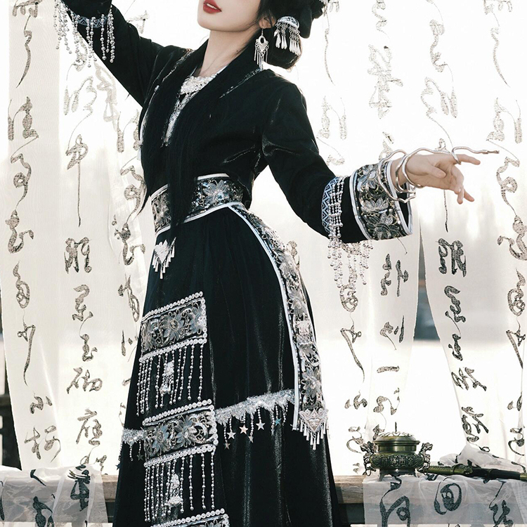 Miao Ethnic Dark-Style Embroidered Top with Ribbon Long Skirt, Miao Elements, Ancient Style, Exotic Style, Photography, New