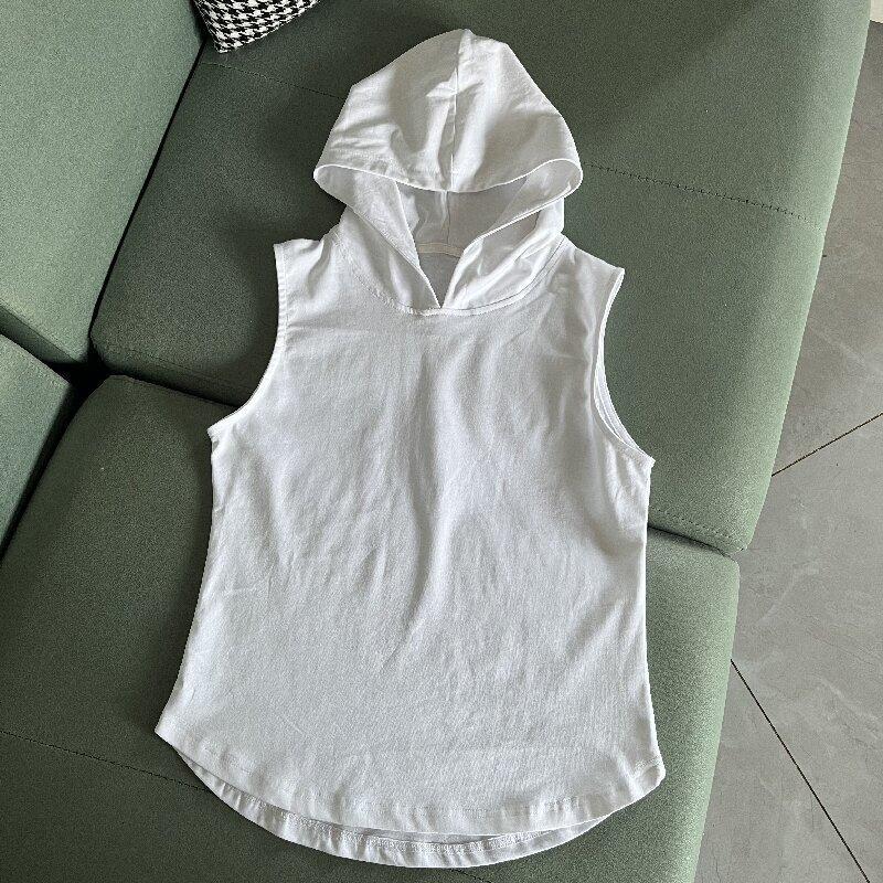 Round-Neck Spring and Autumn White Vest for Layering, Sweater, Sweatshirt with Exposed Edges, Hooded, Sleeveless, Pure Cotton, Mid-Length for Women
