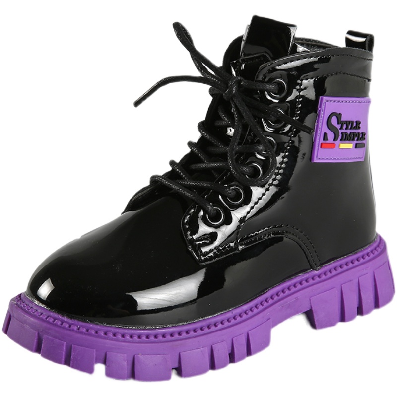 Hui Li girls martin boots autumn and winter new thick bottom Joker children's cotton boots English wind patent leather girls short boots