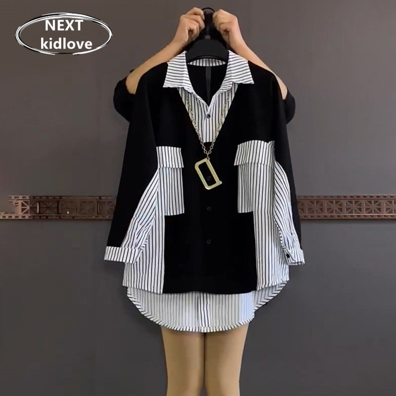 Hong Kong Plus-Size European-Style Striped Patchwork Long-Sleeve Shirt for Women, Loose Fit to Cover Body Fat, Mid-Length Shirt, New Spring and Autumn Style