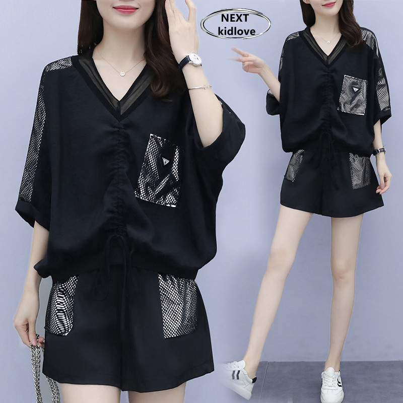 Hong Kong's New Summer European-Style Plus-Size Slimming Outfit, Large Size Women's Fashionable Top and Shorts Two-Piece Set, Trendy and Stylish