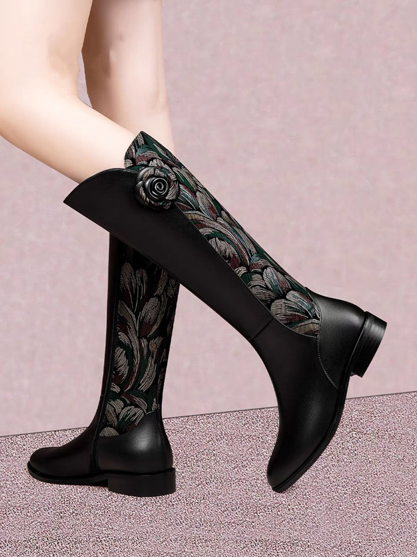 2023 Winter New Genuine Leather Long Boots for Women, Low-Heeled Flat Boots, Thick-Heeled Round-Toe Floral High-End Women's Boots 2023 Winter New Genuine Leather Long Boots for Women, Low-Heeled Flat Boots, Thick-Heeled Round-Toe Floral High-End Women's Boots