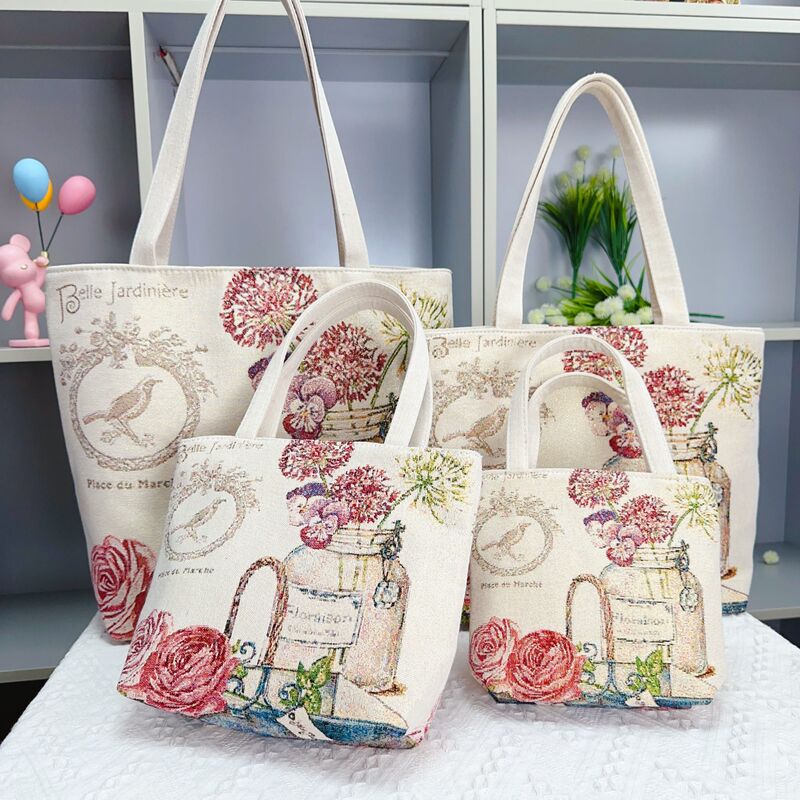 Canvas Bag with Double-Sided Gold Jacquard Embroidery, Shoulder Bag for Work and Commuting, Versatile Bag, Daily Large-Capacity Mommy Bag