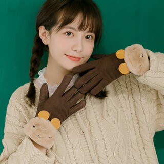 Calboukimct Gloves Women's Winter Warm and Cute Fleece-Lined Thickeneded Cartoon Suede Winter Touch Screen Cycling