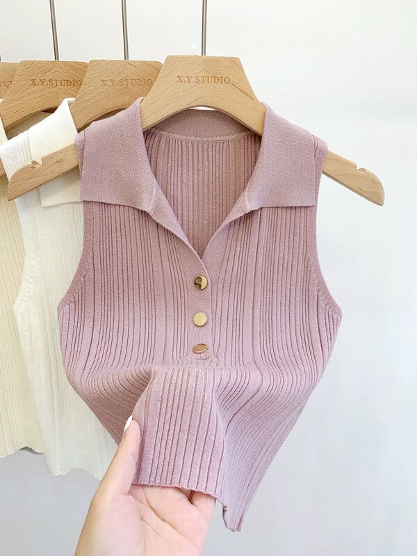 Polo Collar Thin Slim-Fit Camisole Outerwear for Women, Spring, Summer, and Autumn, Ice Silk Knitted Sleeveless Top