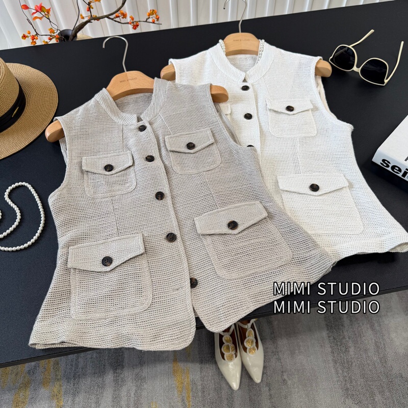European Minimalist Style Vest for Women 2026 Summer Niche High-End Waist-Cinching Slimming Linen Woven Sleeveless Top Trendy