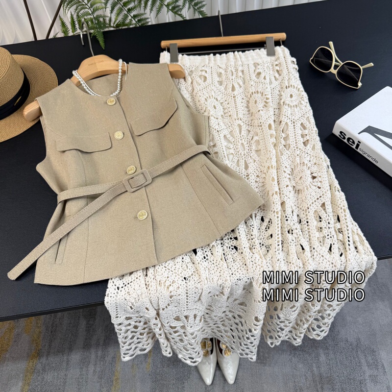 Old Money Style Elegant Suit for Women 2026 Summer Light Luxury Sleeveless Waist-Cinching Vest Crochet Long Skirt Two-Piece Set Trendy