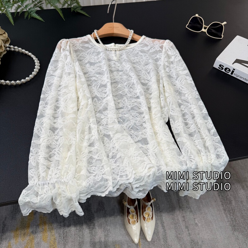 French Lace Blouse for Women 2026 Summer Hollow-Out Slightly Sheer Butterfly Jacquard Fashion Slimming Layering Base Shirt Top