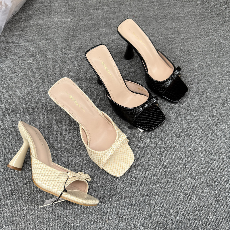 Foreign Trade 2025 New Style French Bow High-Heeled Sandals for Women, Open-Toe Mid-Heel Slip-On Sandals for Women