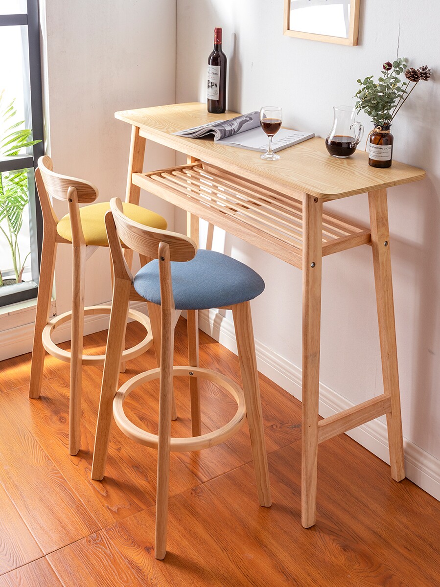 Close by wall solid wood strip bar Table Nordic minimalist home living room Balcony Milk Tea Shop Double bar table and chairs Composition