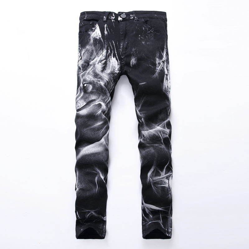 Trendy Men's Personalized Wolf Head 3D Pattern Printed Stretch Slim-Fit Jeans Youth Nightclub Painted Floral Pants Black