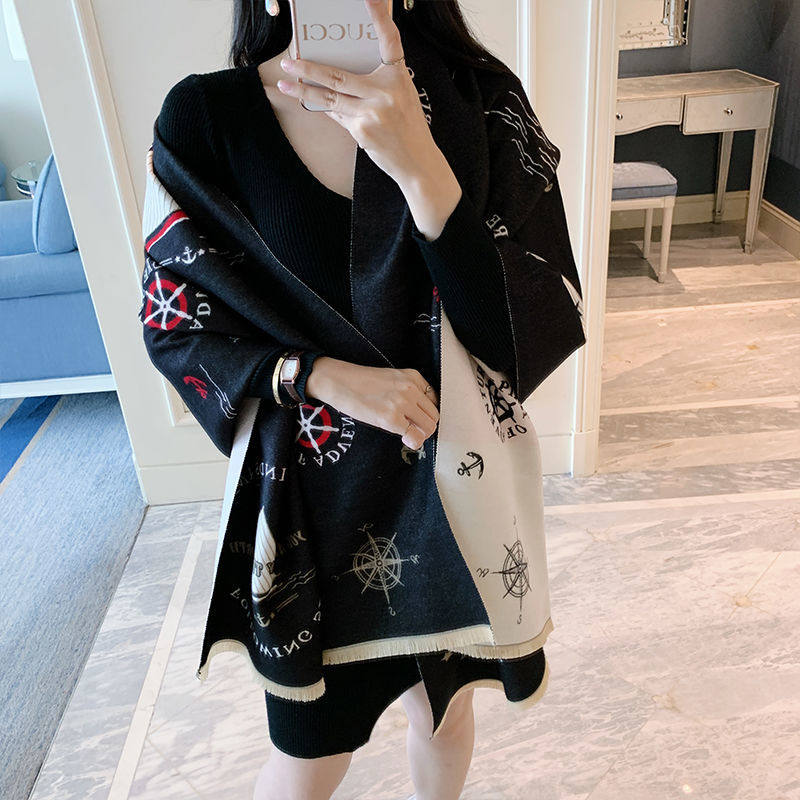 Korean version of autumn and winter warm jacquard wool shawl collared double face cashmere thickened scarf women's fashion 100 hitch fashion craze