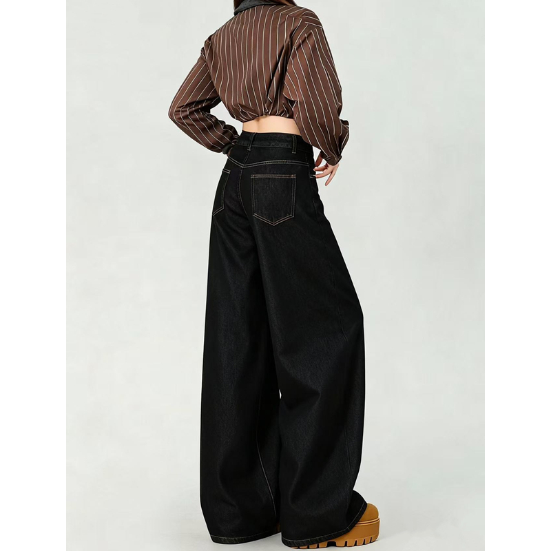 Black and Gold Wide-Leg Jeans for Women, Thin Style for Spring and Summer 2026, New High-Waisted Loose Straight-Leg Drapey Denim Floor-Length Pants